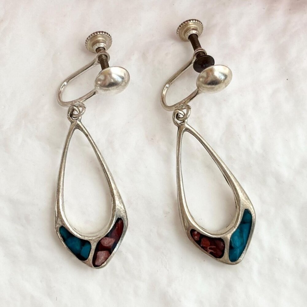 Hoop Turquoise & Coral Chip Screw Back Vintage Sterling Silver 925 Earrings